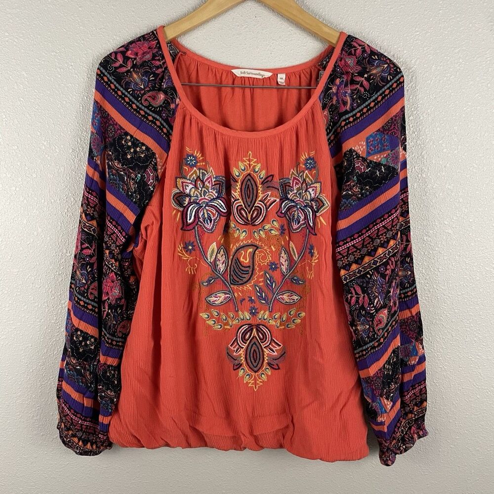 Soft Surroundings Womens 2X Blame Rio Embroidered Boho Peasant Blouse